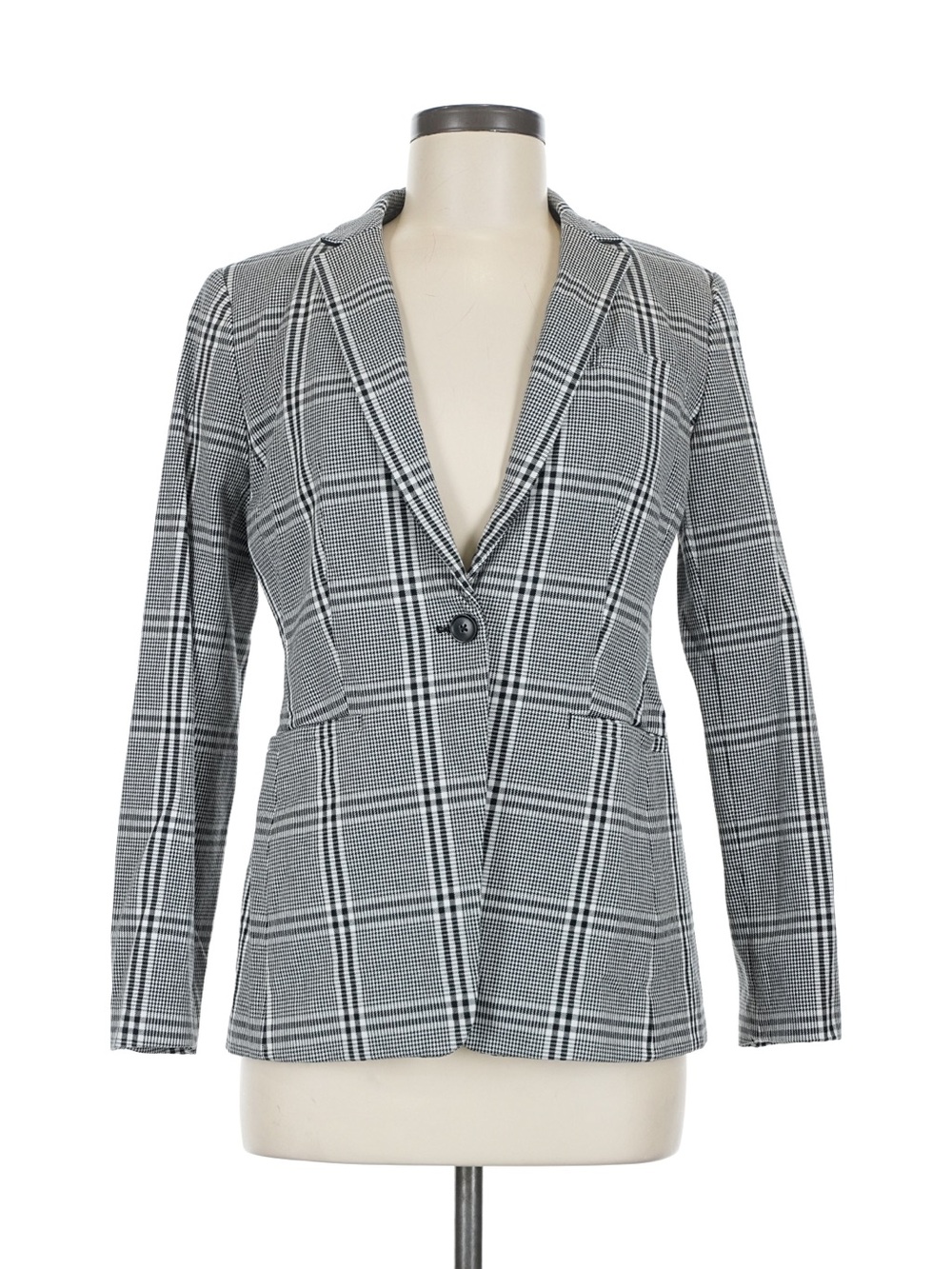 Banana Republic Women's Black Gray and White Plaid Single-Button Blazer Jacket